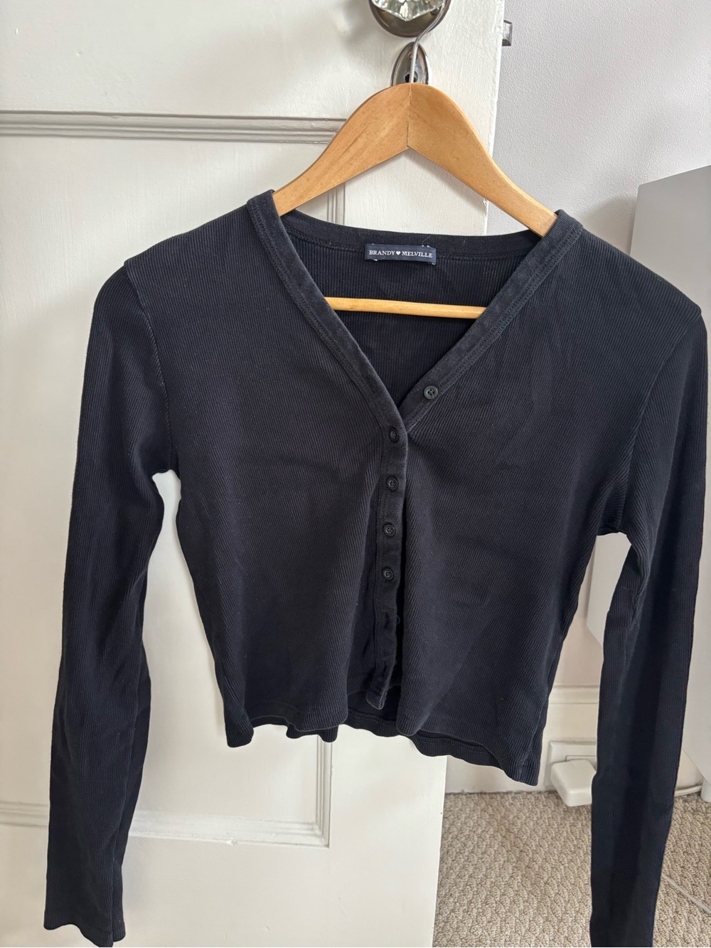 Brandy Melville Black Ribbed Button-Down Long Sleeve Top